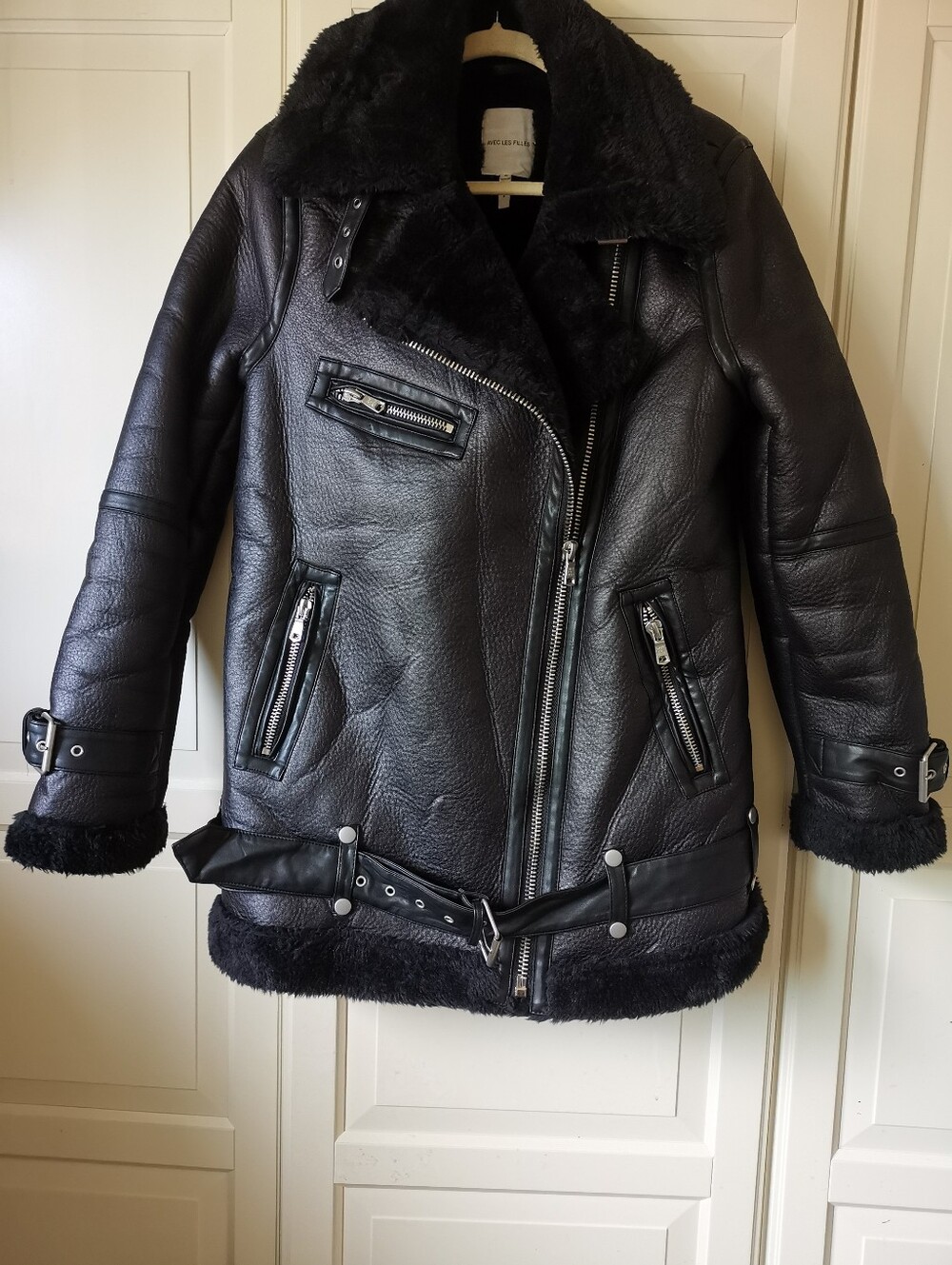Avec Les Filles Black Faux Leather Faux Shearling Moto Biker Jacket M